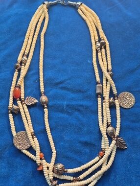 Beaded Multi-Strand Cream and Copper Leaf Necklace